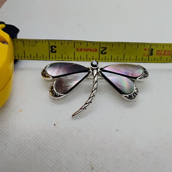 Vintage Monet Dragonfly Brooch Pin Silver Tone with Abalone Marcasite Rhinestone - Picture 3 of 6